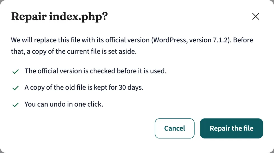 The “Repair index.php?” dialog with its guarantees: verified version, copy kept for 30 days, one-click undo