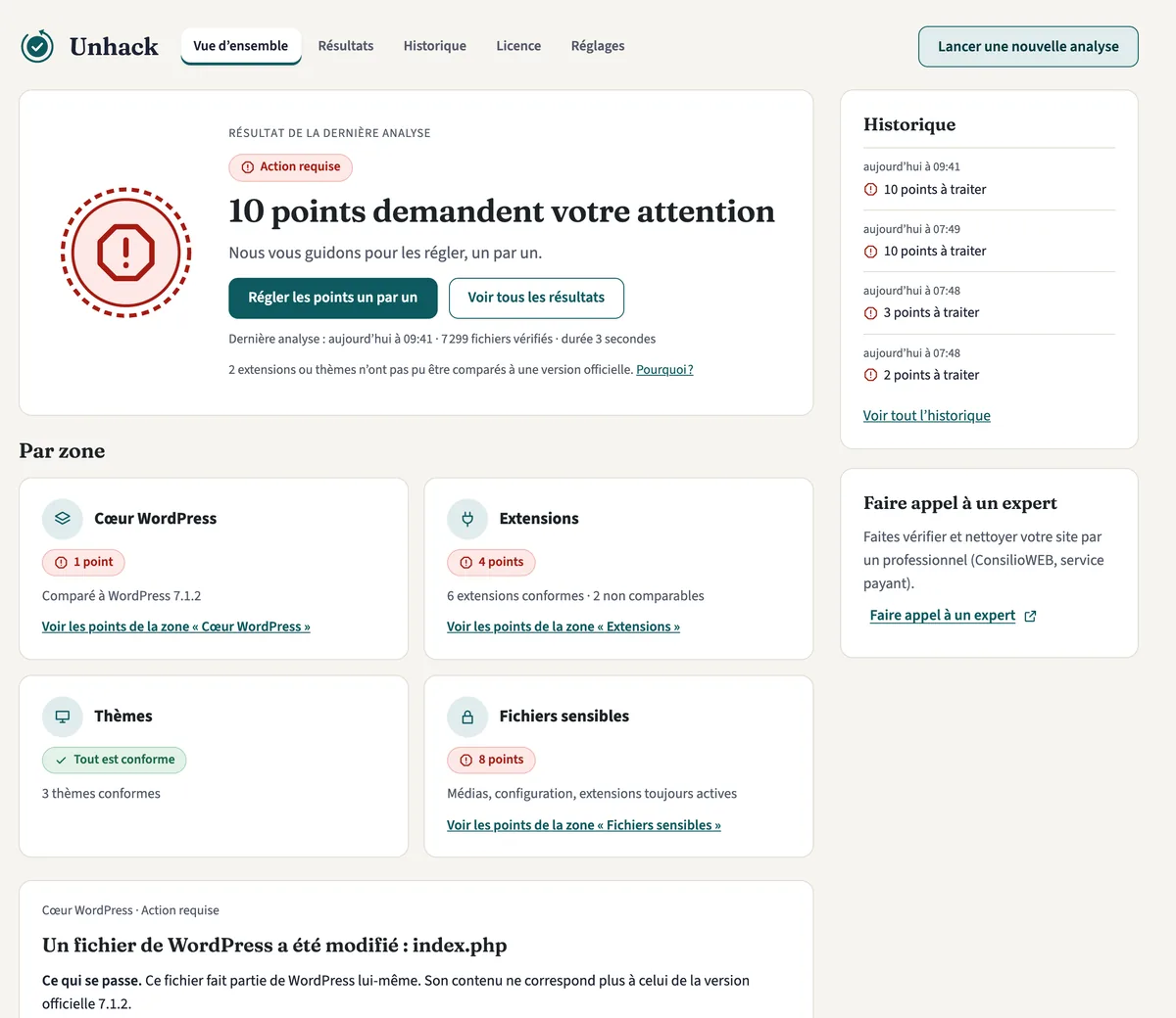 Tableau de bord d’IntegriFix : 10 points demandent votre attention, avec les zones Cœur, Extensions, Thèmes et Fichiers sensibles